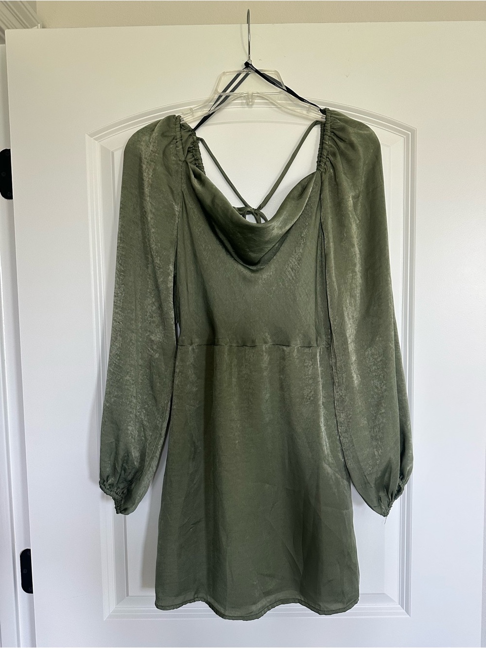 NWT Forever 21 Olive Green Satin Long-Sleeve Mini Dress